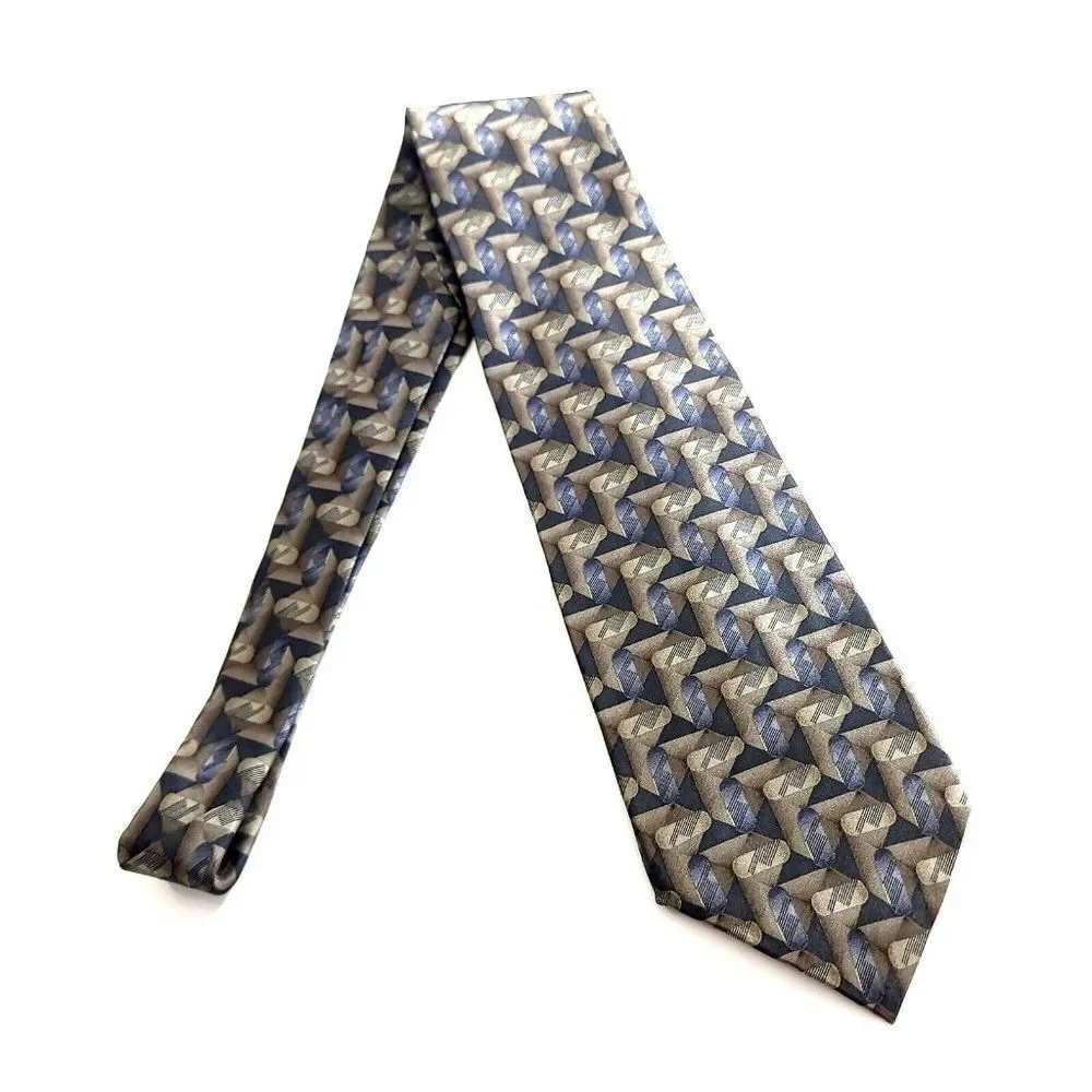 Bill Blass Tan Blue Beige Geometric Abstract Print Short Wide Silk Tie‎
